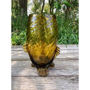 Vintage MCM Amber Art Glass Footed Optic Large Vase
